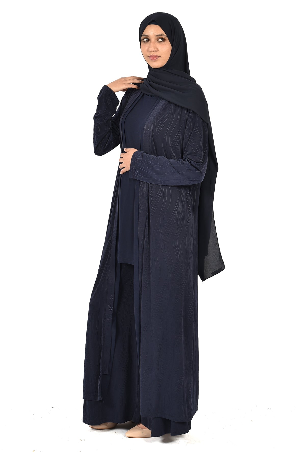 Women's 3-Piece Loose Abaya Set β Elegant Design in Dark Navy Blue (ladies abaya)