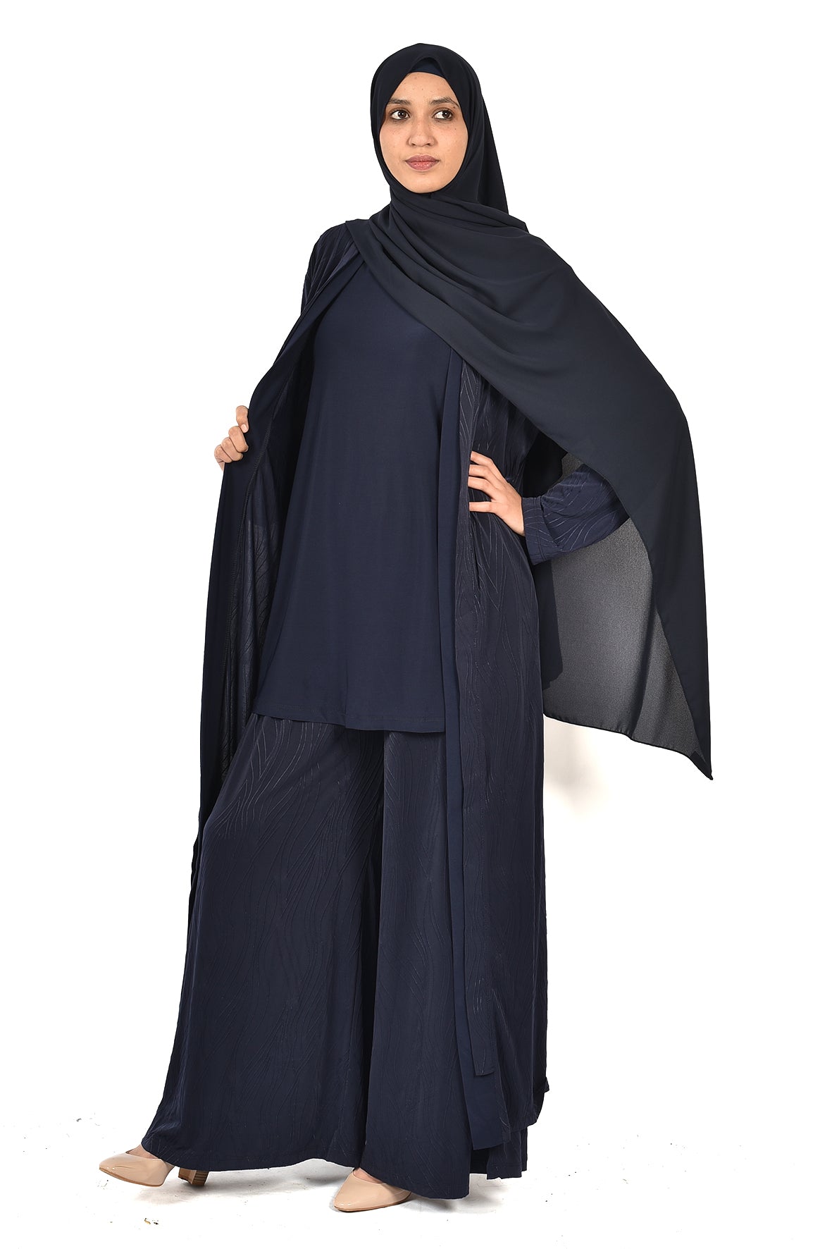 Women's 3-Piece Loose Abaya Set β Elegant Design in Dark Navy Blue (ladies abaya)