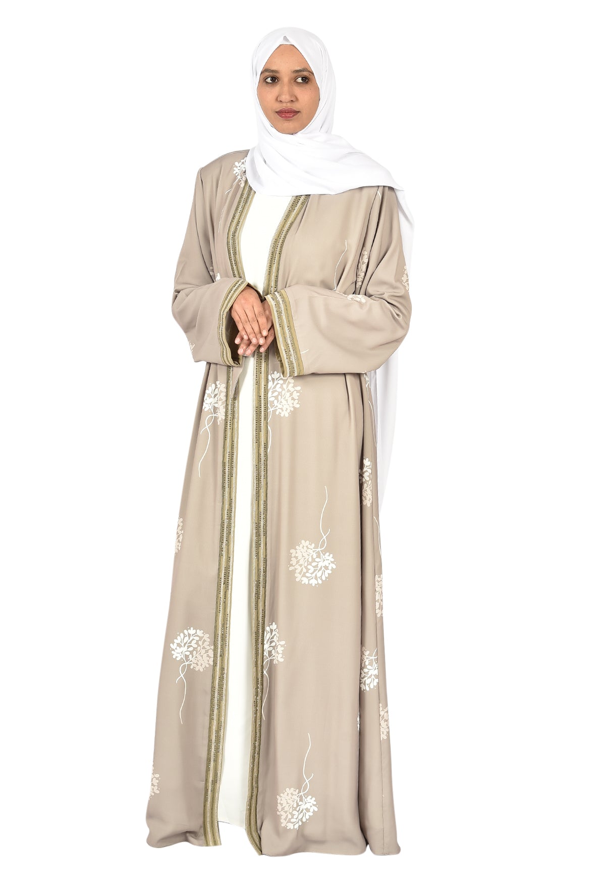 Beige Abaya with White Floral Embroidery and Golden Trim _katalia
