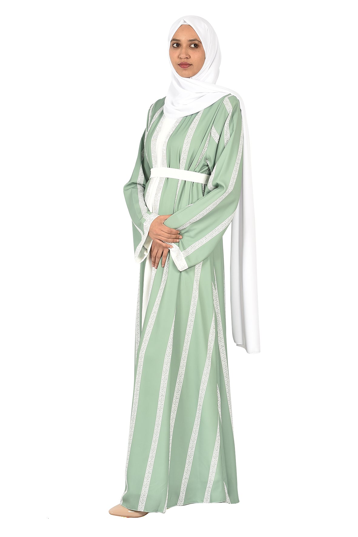 Pastel Green Abaya with Elegant White Striped Detailing _katalia