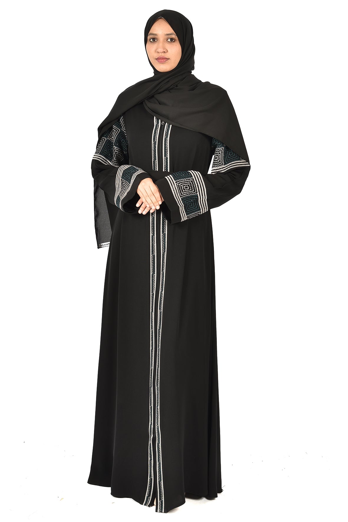 Black Abaya with Elegant Geometric Embroidery on Sleeves and Front