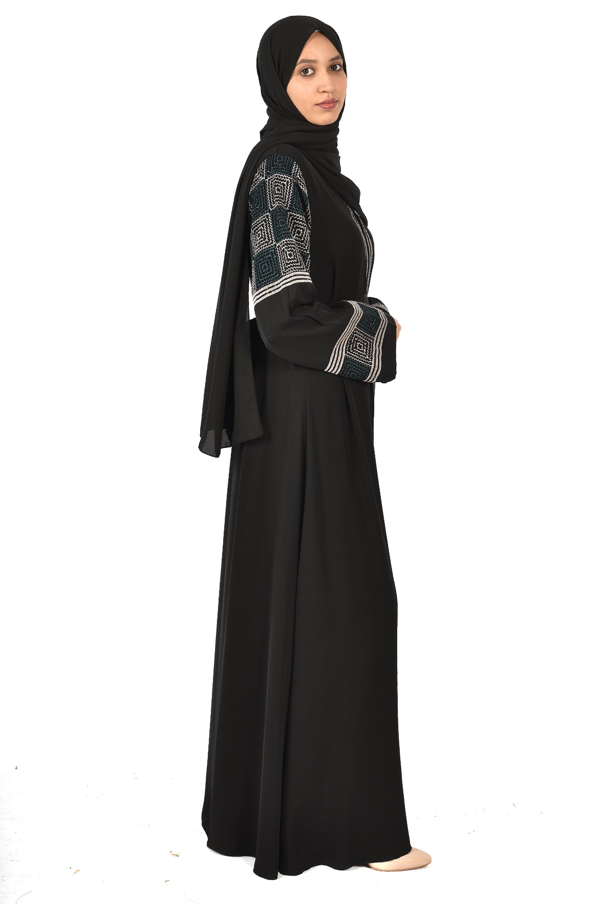 Black Abaya with Elegant Geometric Embroidery on Sleeves and Front