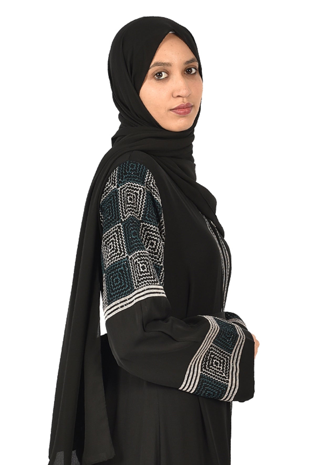 Black Abaya with Elegant Geometric Embroidery on Sleeves and Front