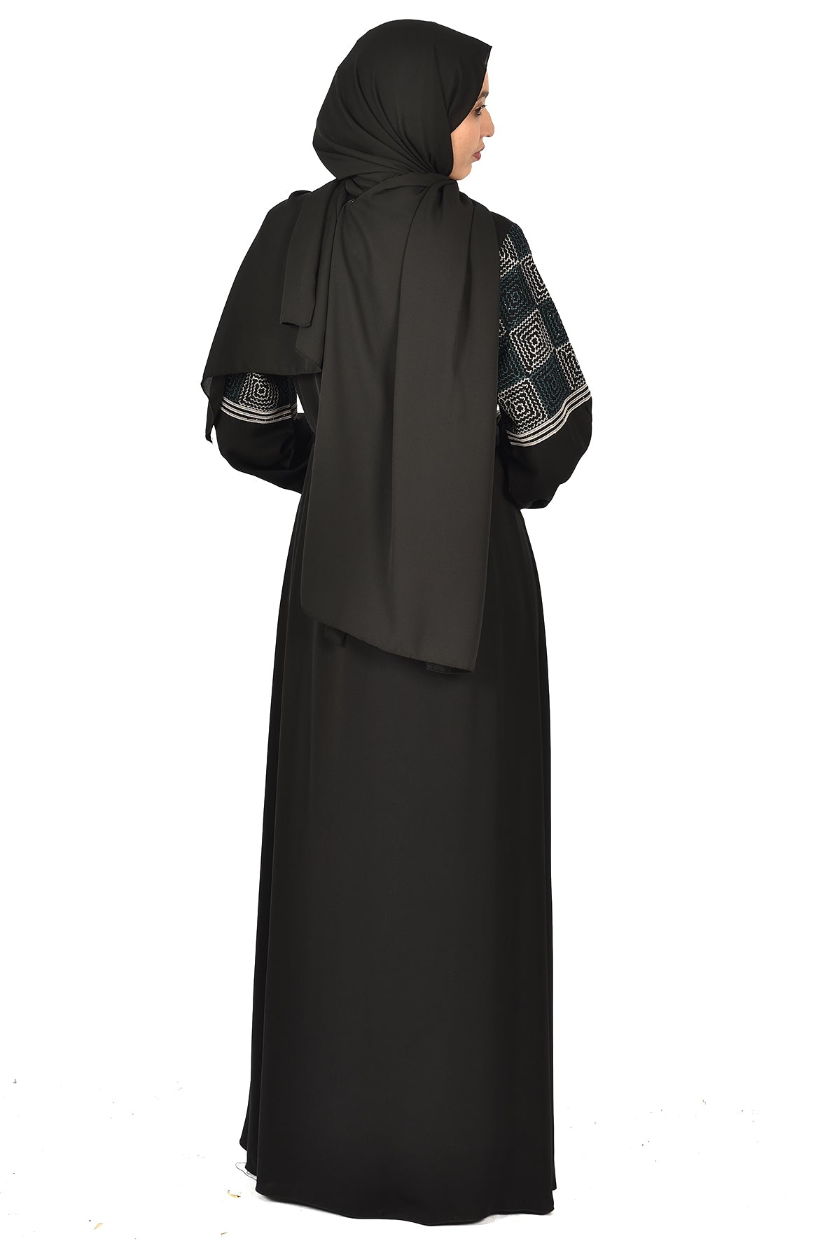 Black Abaya with Elegant Geometric Embroidery on Sleeves and Front