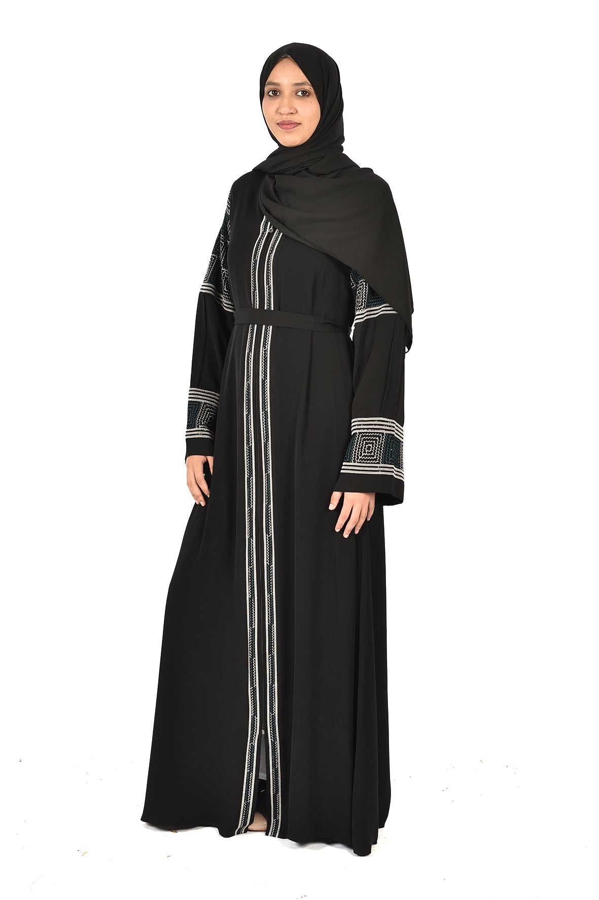 Black Abaya with Elegant Geometric Embroidery on Sleeves and Front