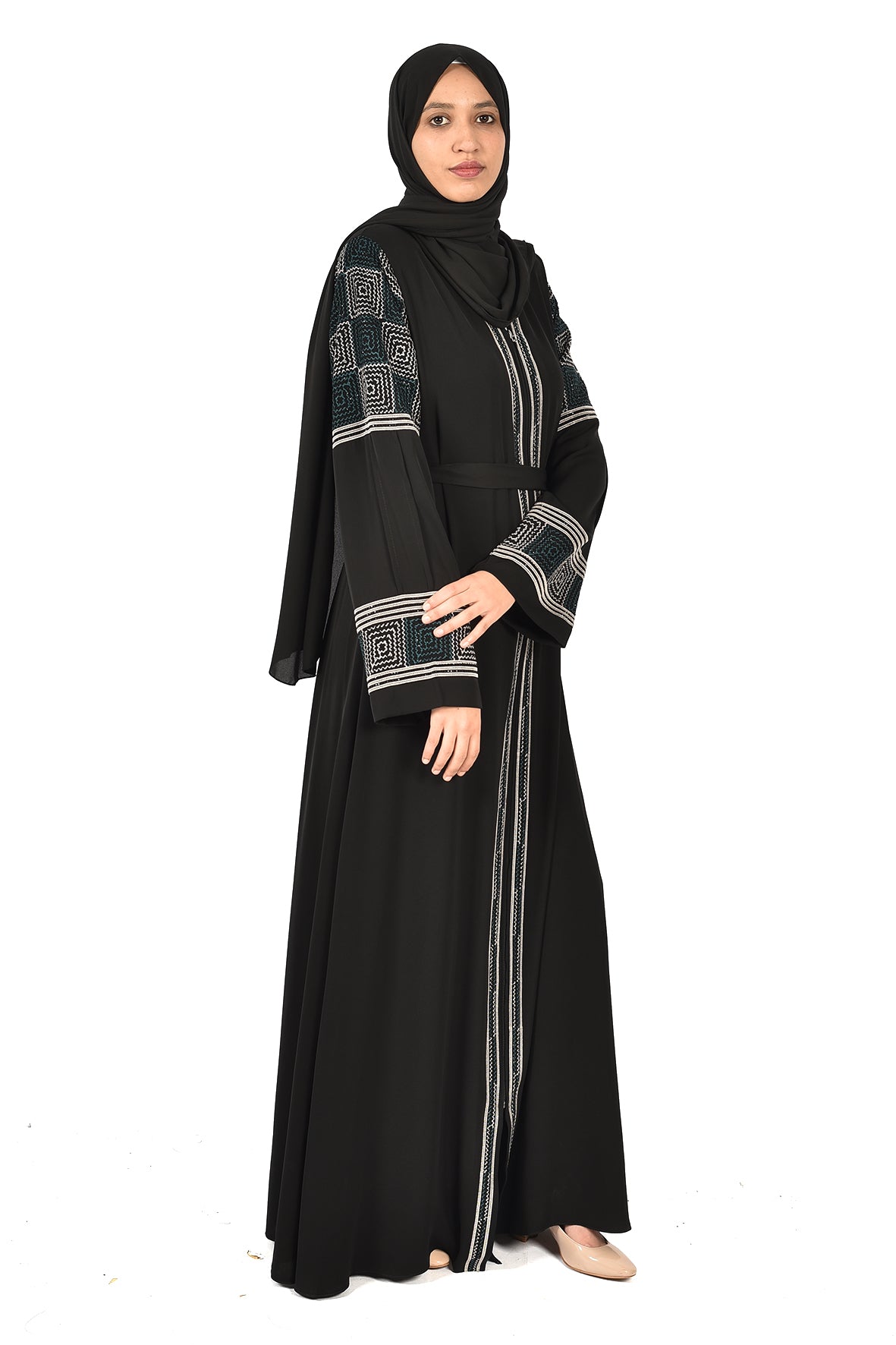 Black Abaya with Elegant Geometric Embroidery on Sleeves and Front