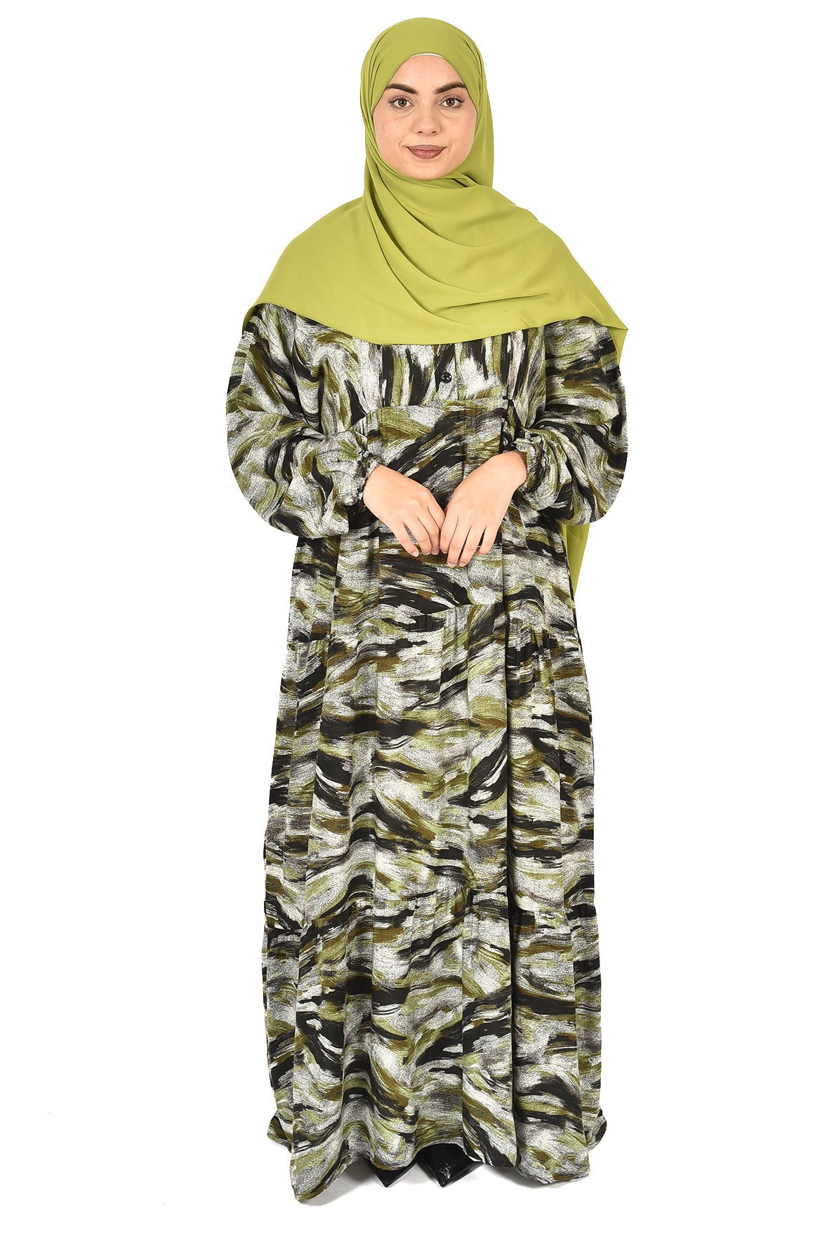 Artistic Printed Abaya in Earthy Green Tones ( guz dress )
