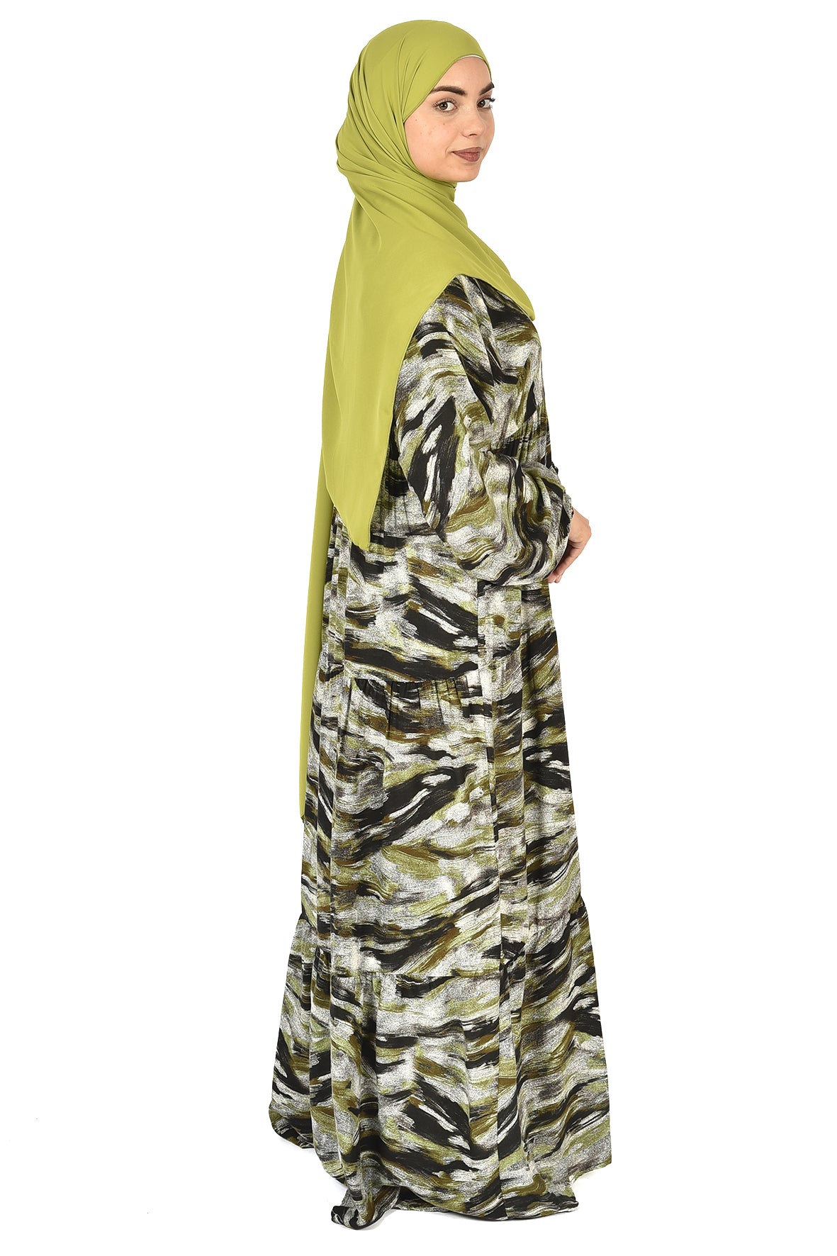 Artistic Printed Abaya in Earthy Green Tones ( guz dress )