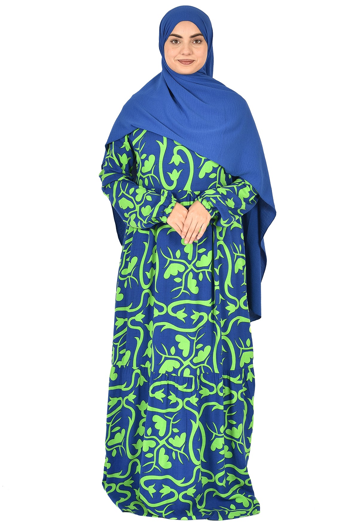 Modern Botanical Printed Abaya – Royal Blue & Vibrant Green ( guz dress )