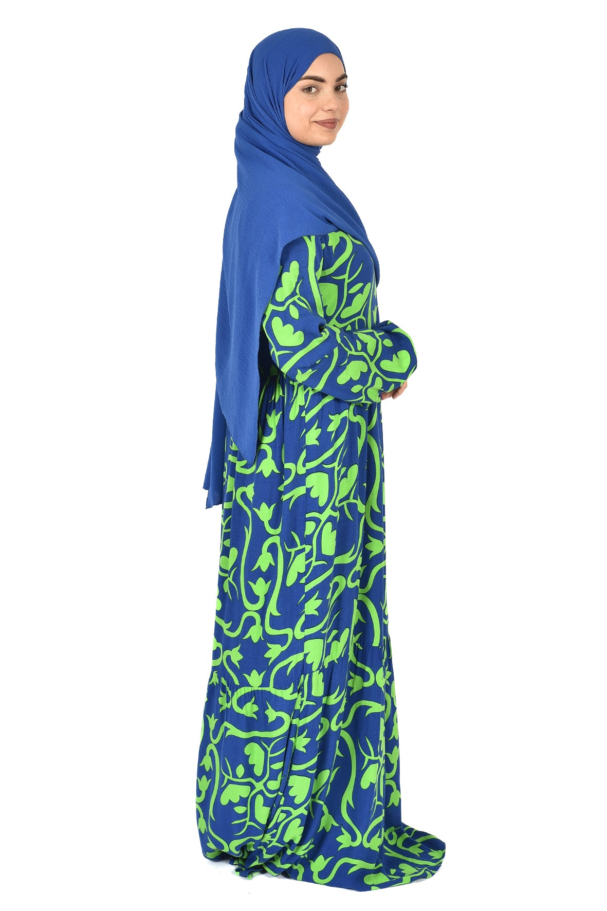 Modern Botanical Printed Abaya – Royal Blue & Vibrant Green ( guz dress )