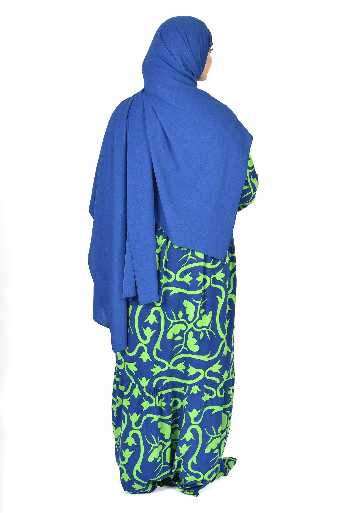 Modern Botanical Printed Abaya – Royal Blue & Vibrant Green ( guz dress )