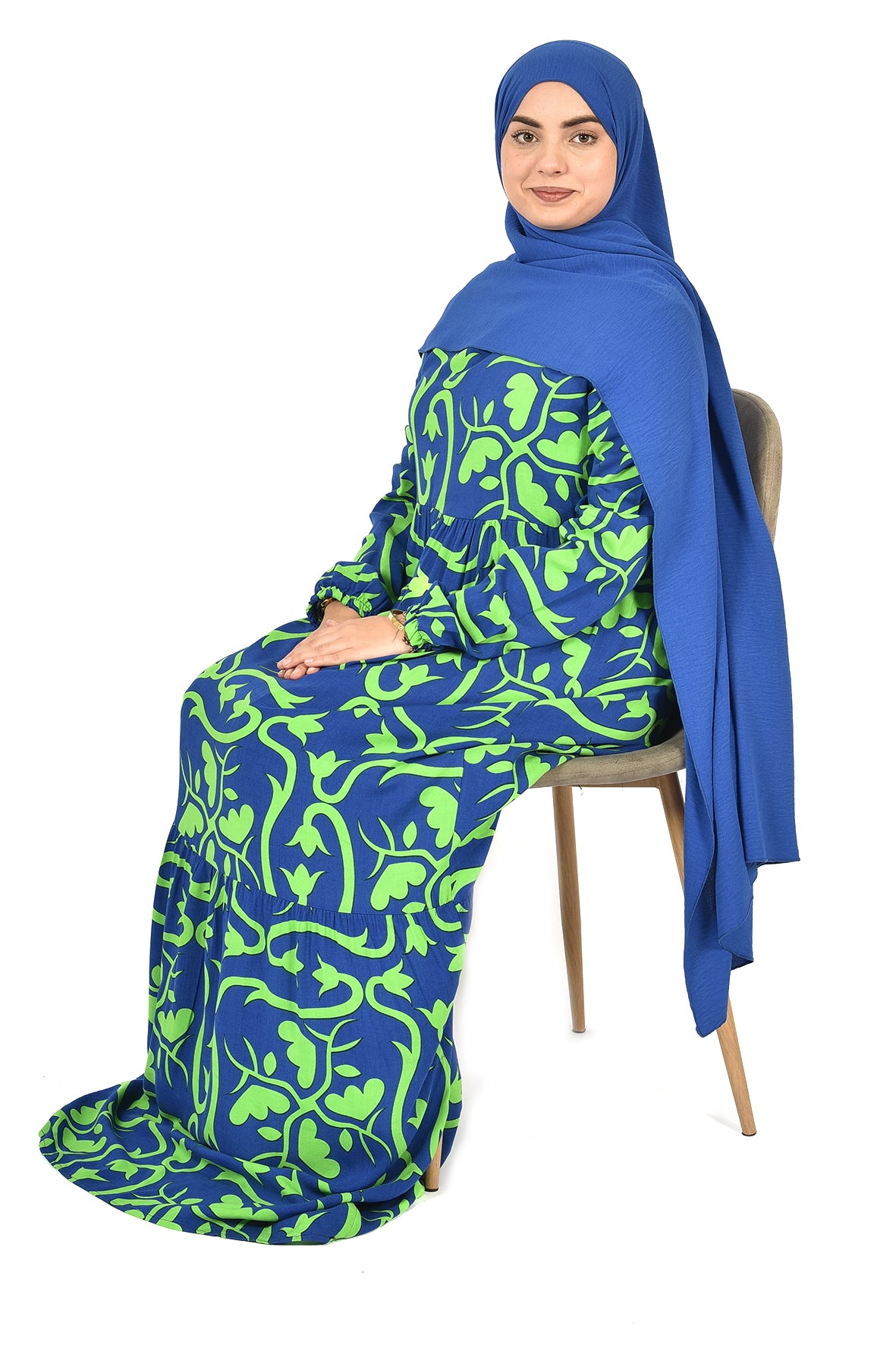 Modern Botanical Printed Abaya – Royal Blue & Vibrant Green ( guz dress )
