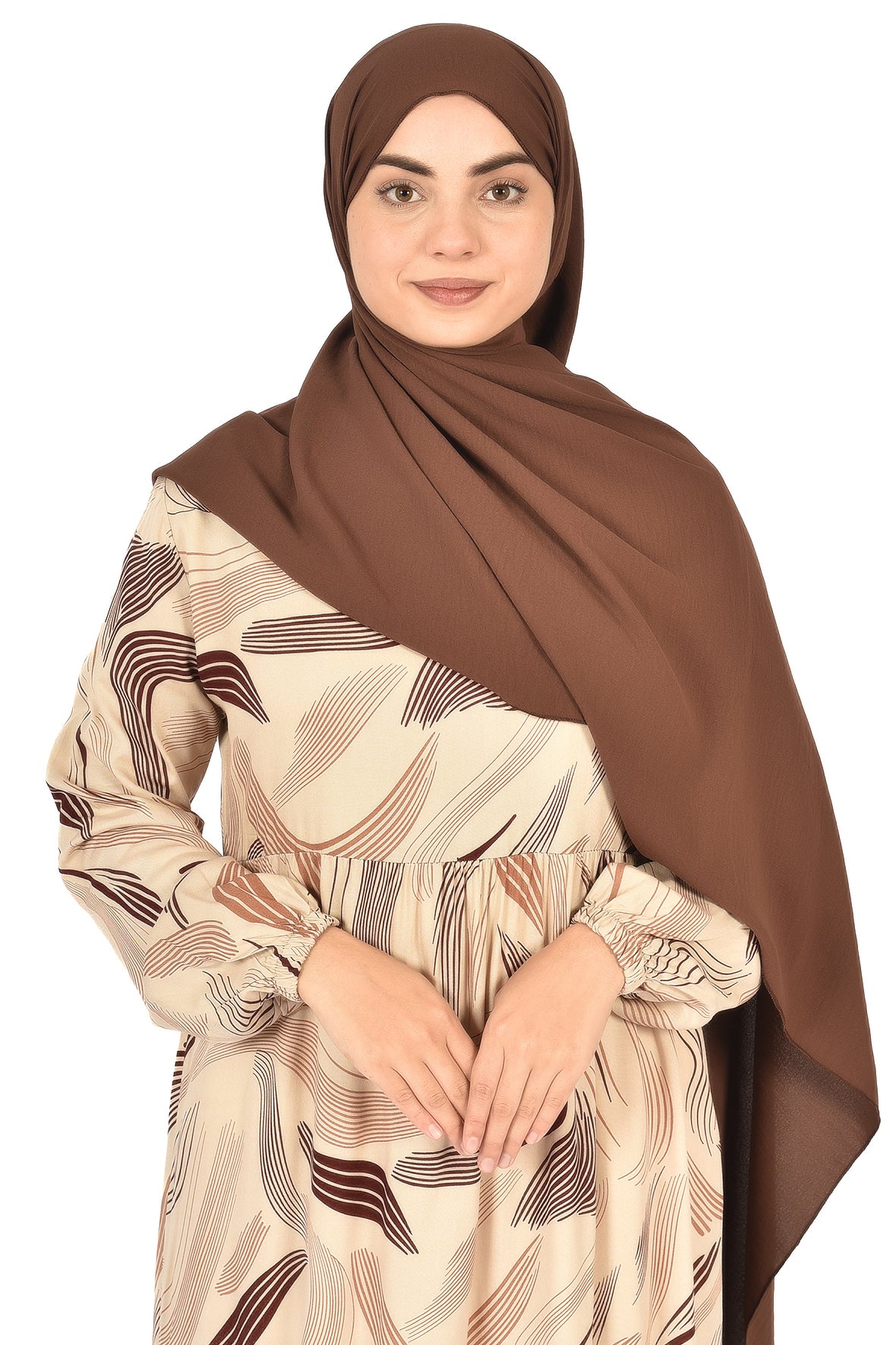 Soft Feather Print Abaya – Beige with Cocoa Accents ( guz dress )