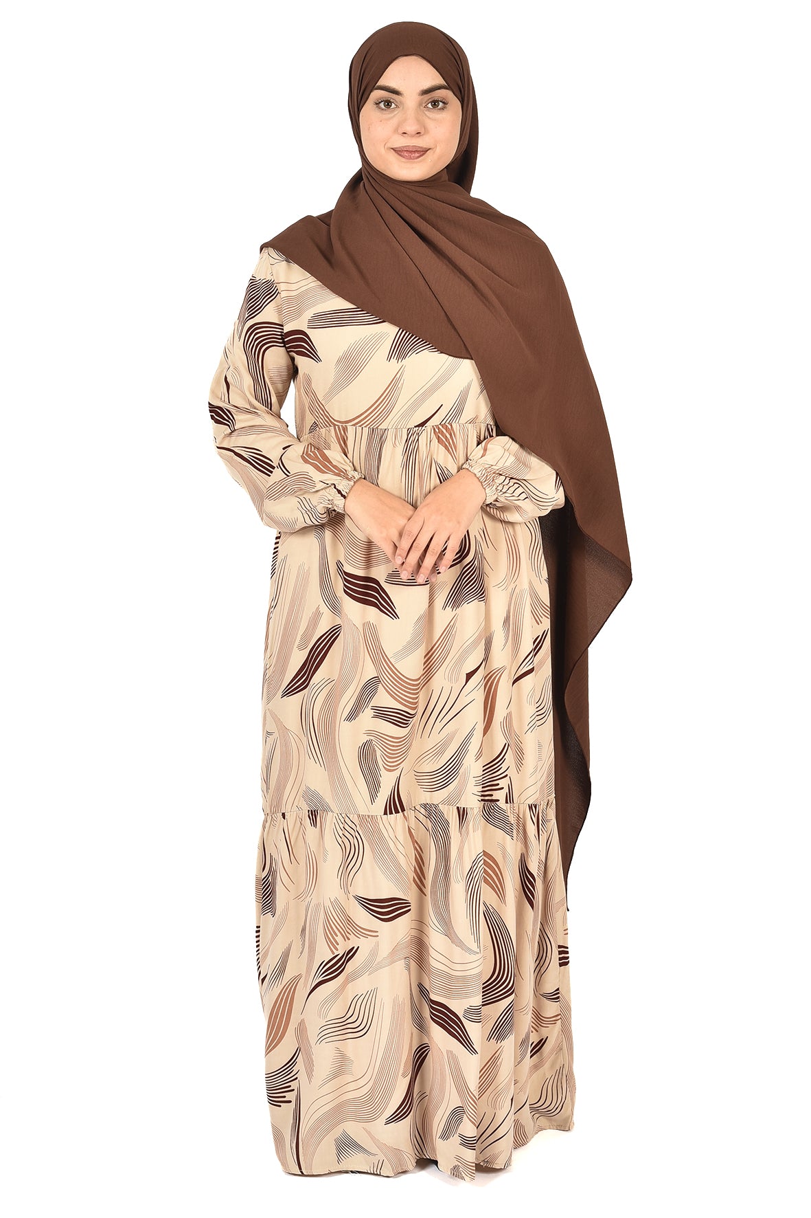 Soft Feather Print Abaya – Beige with Cocoa Accents ( guz dress )