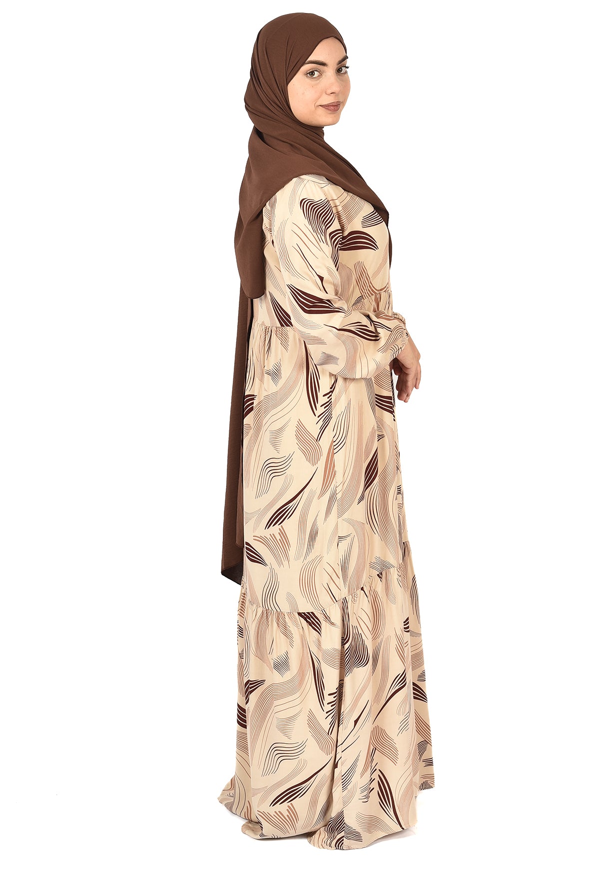 Soft Feather Print Abaya – Beige with Cocoa Accents ( guz dress )