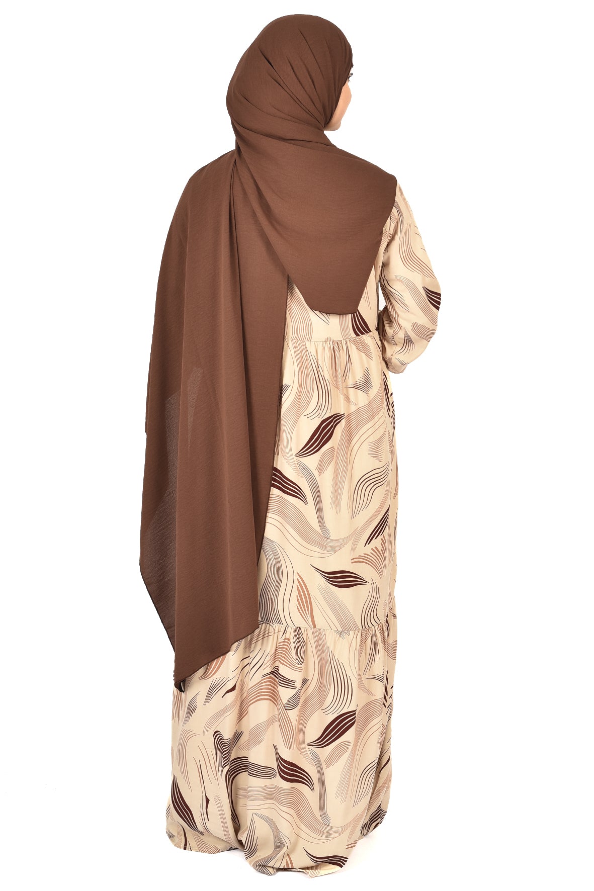 Soft Feather Print Abaya – Beige with Cocoa Accents ( guz dress )