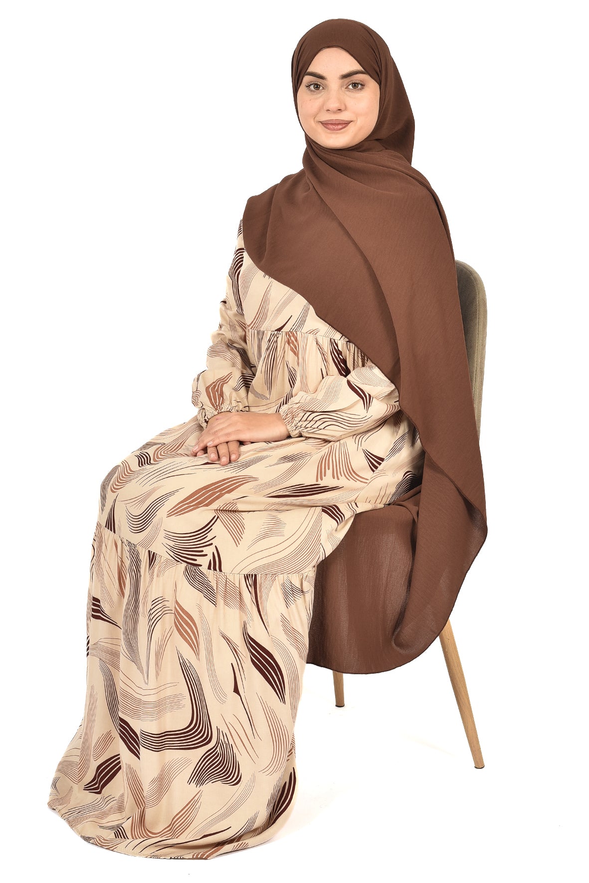 Soft Feather Print Abaya – Beige with Cocoa Accents ( guz dress )