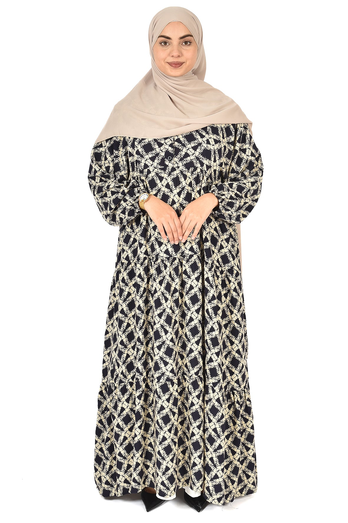 Geometric Crisscross Abaya – Classic Black & White Elegance ( guz dress )