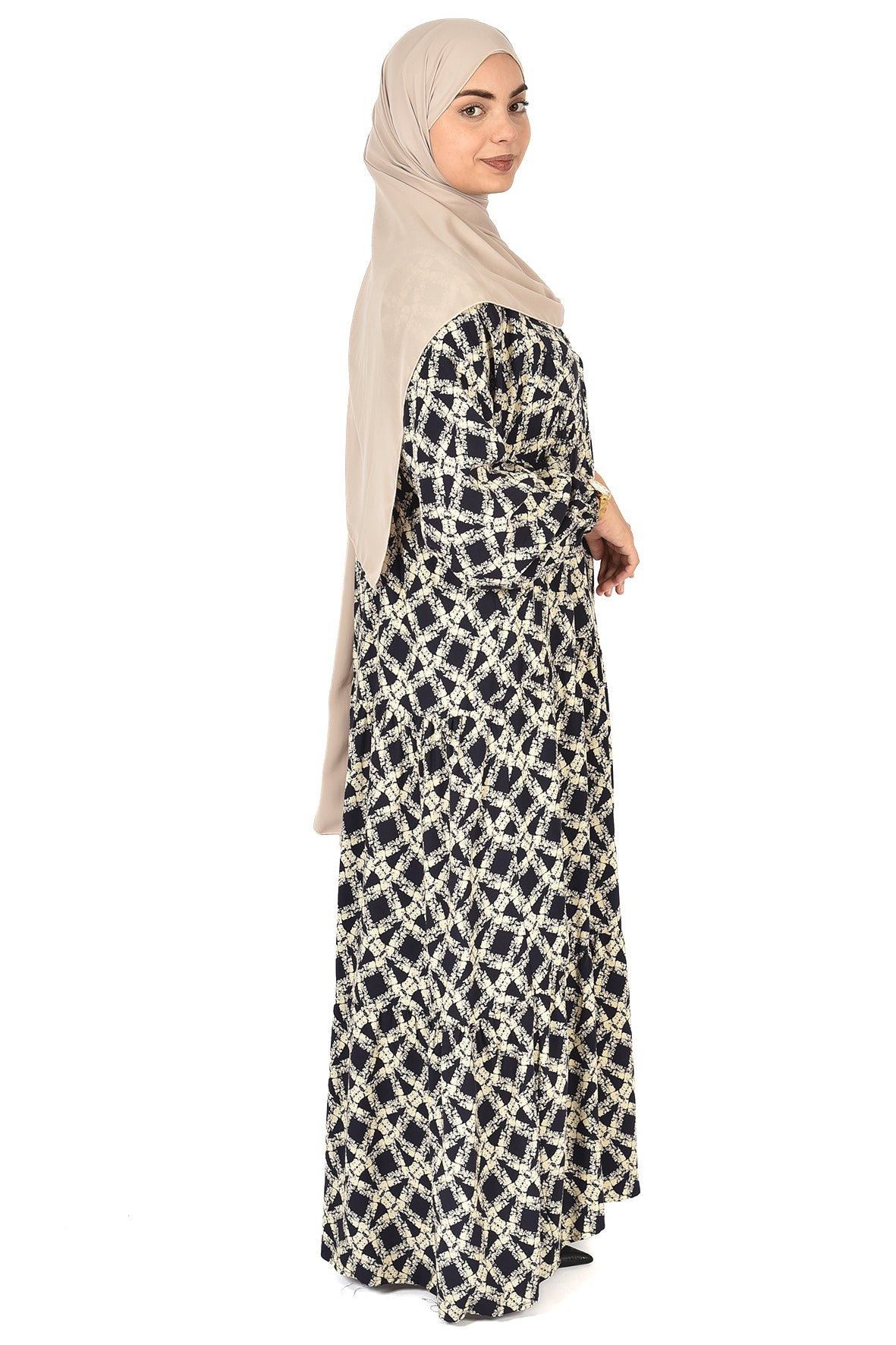 Geometric Crisscross Abaya – Classic Black & White Elegance ( guz dress )