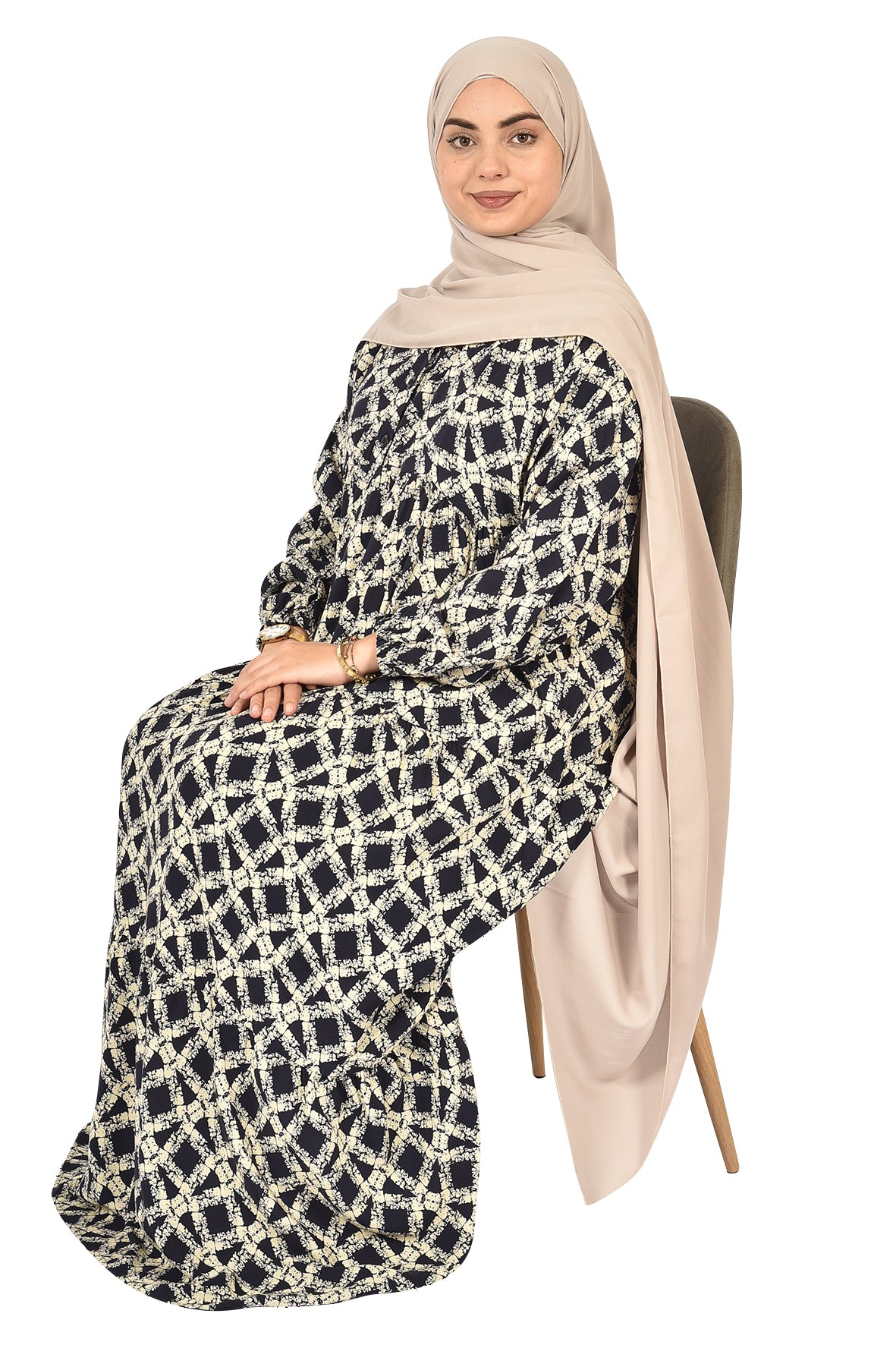 Geometric Crisscross Abaya – Classic Black & White Elegance ( guz dress )