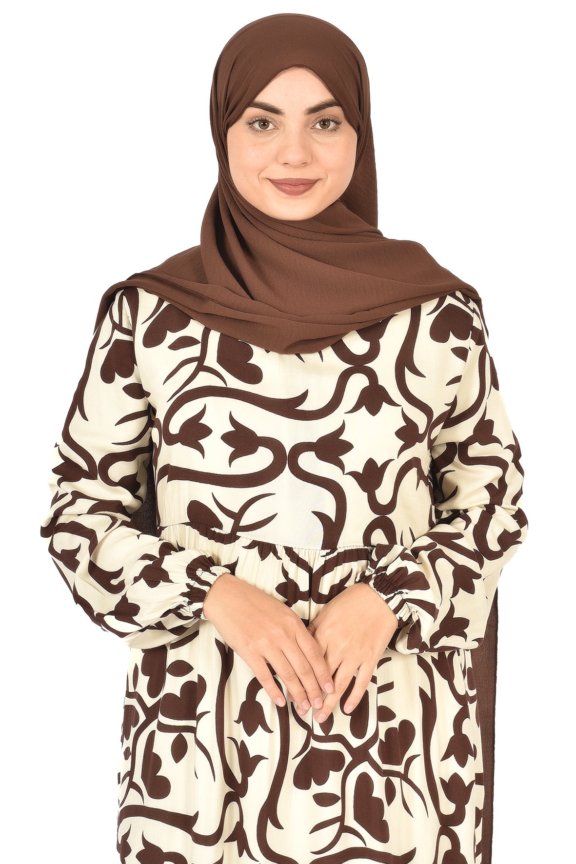 Beige Abaya with Brown Botanical Print ( guz dress )