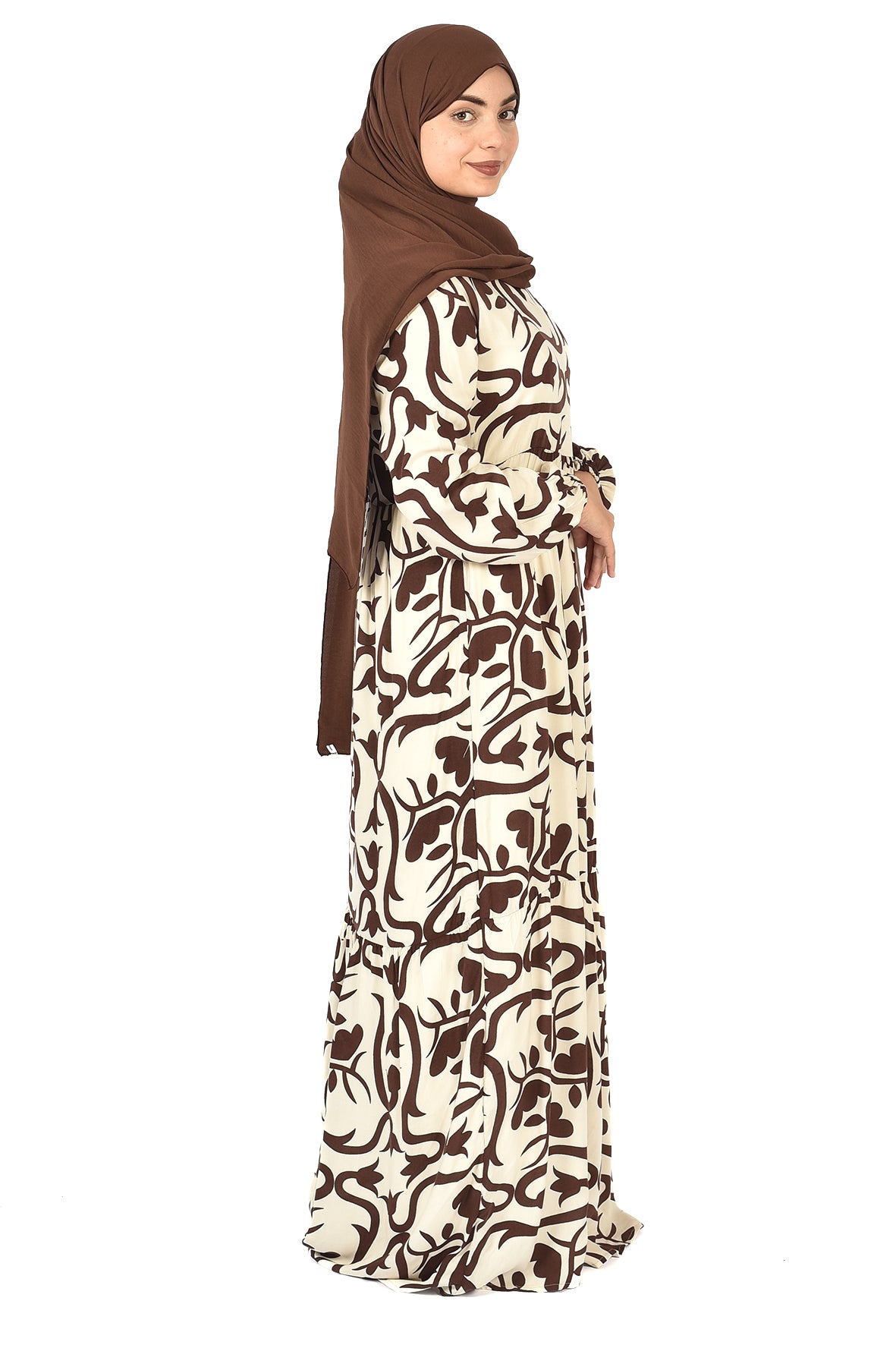 Beige Abaya with Brown Botanical Print ( guz dress )