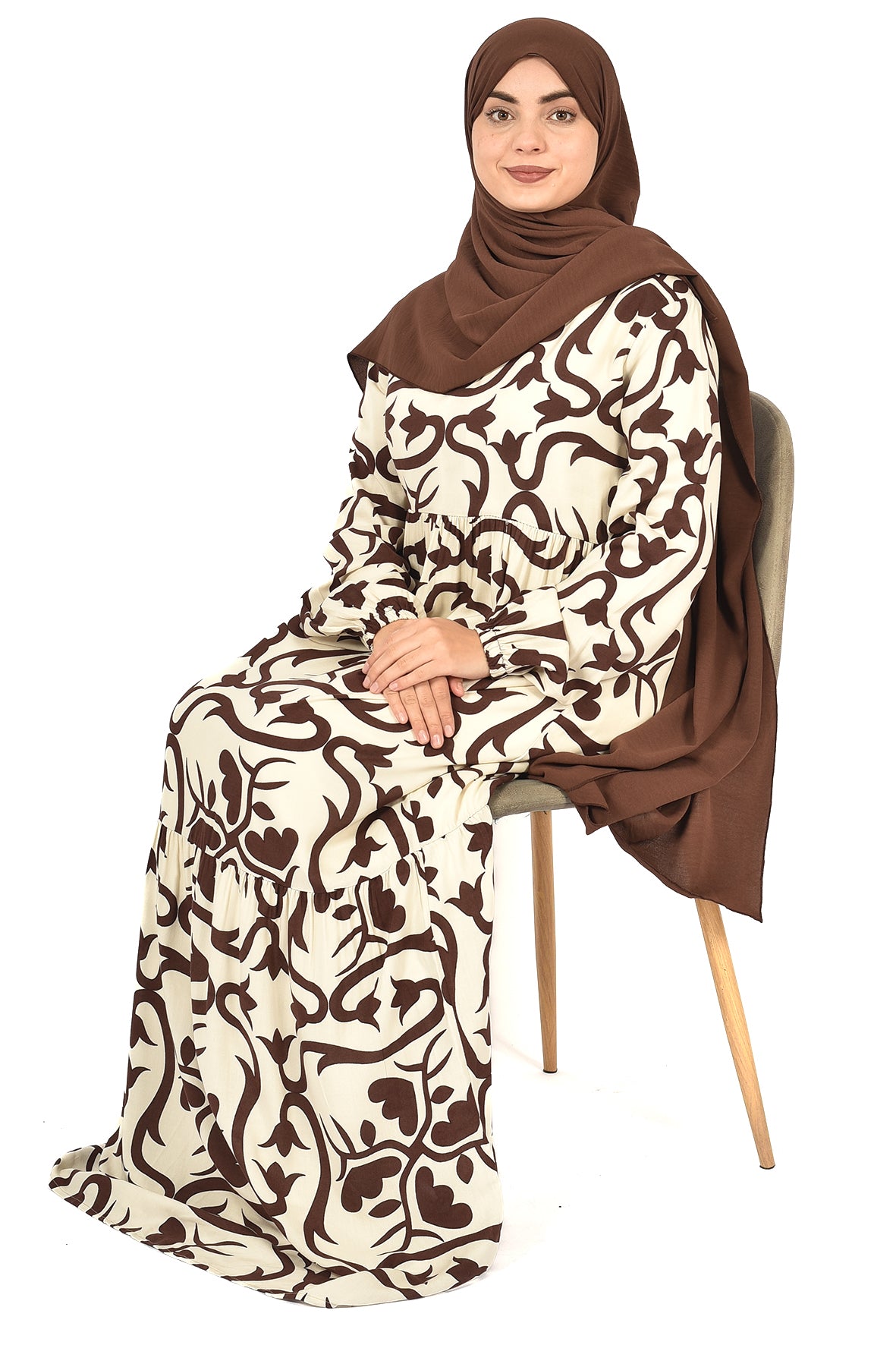 Beige Abaya with Brown Botanical Print ( guz dress )