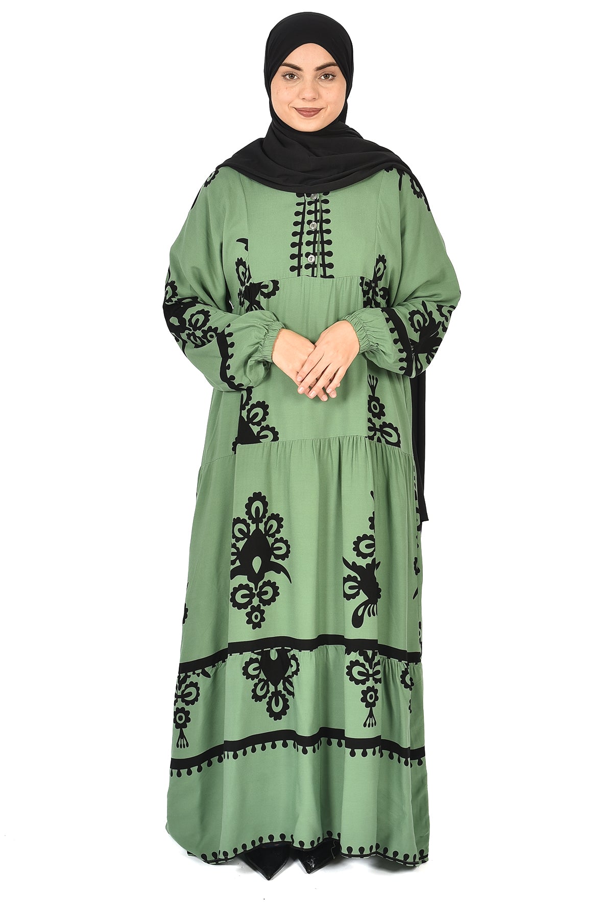 Green Abaya with Classic Black Embroidery ( guz dress )