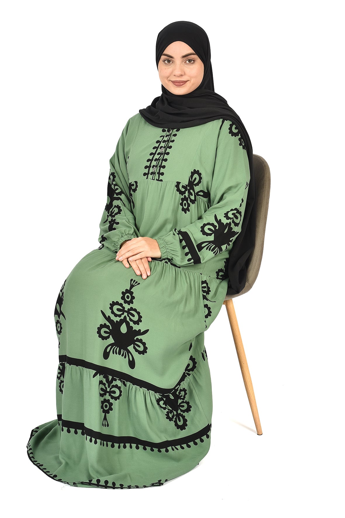 Green Abaya with Classic Black Embroidery ( guz dress )