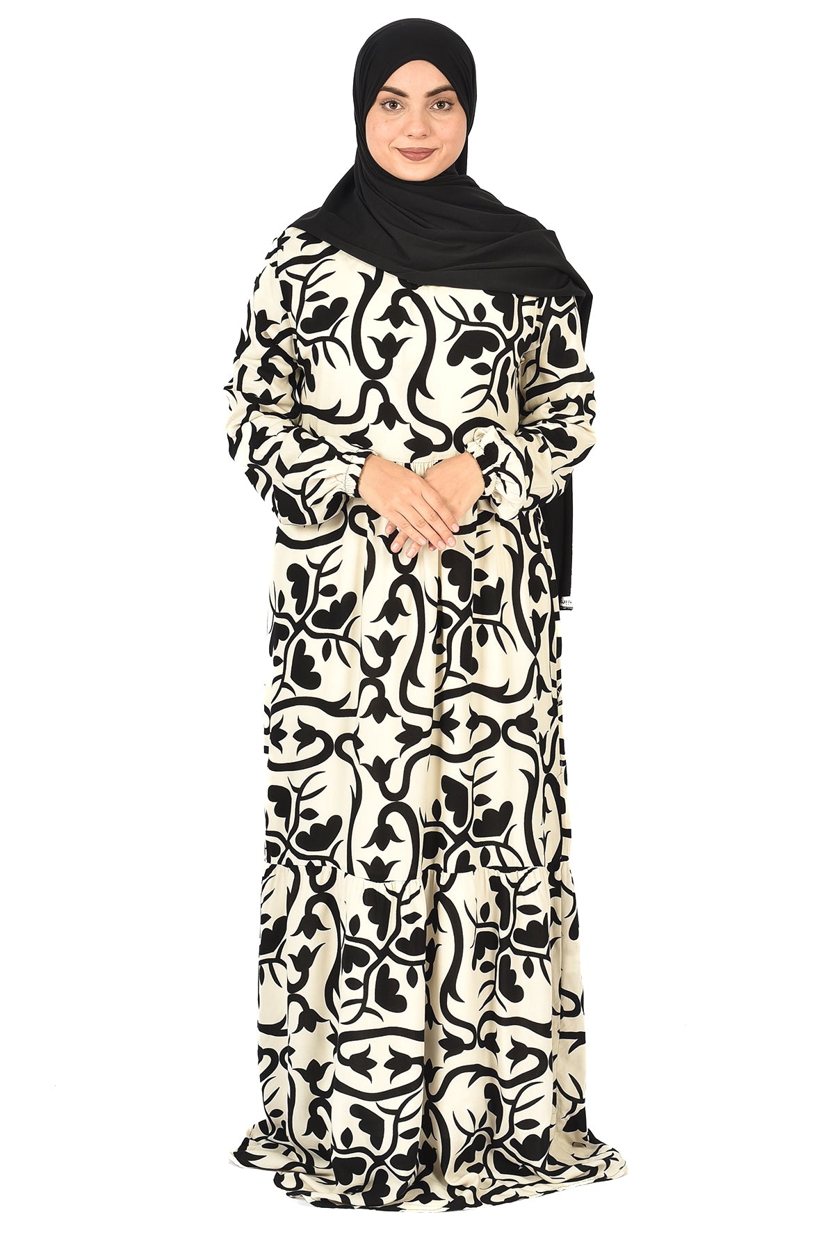 White Abaya with Classic Black Pattern ( guz dress )