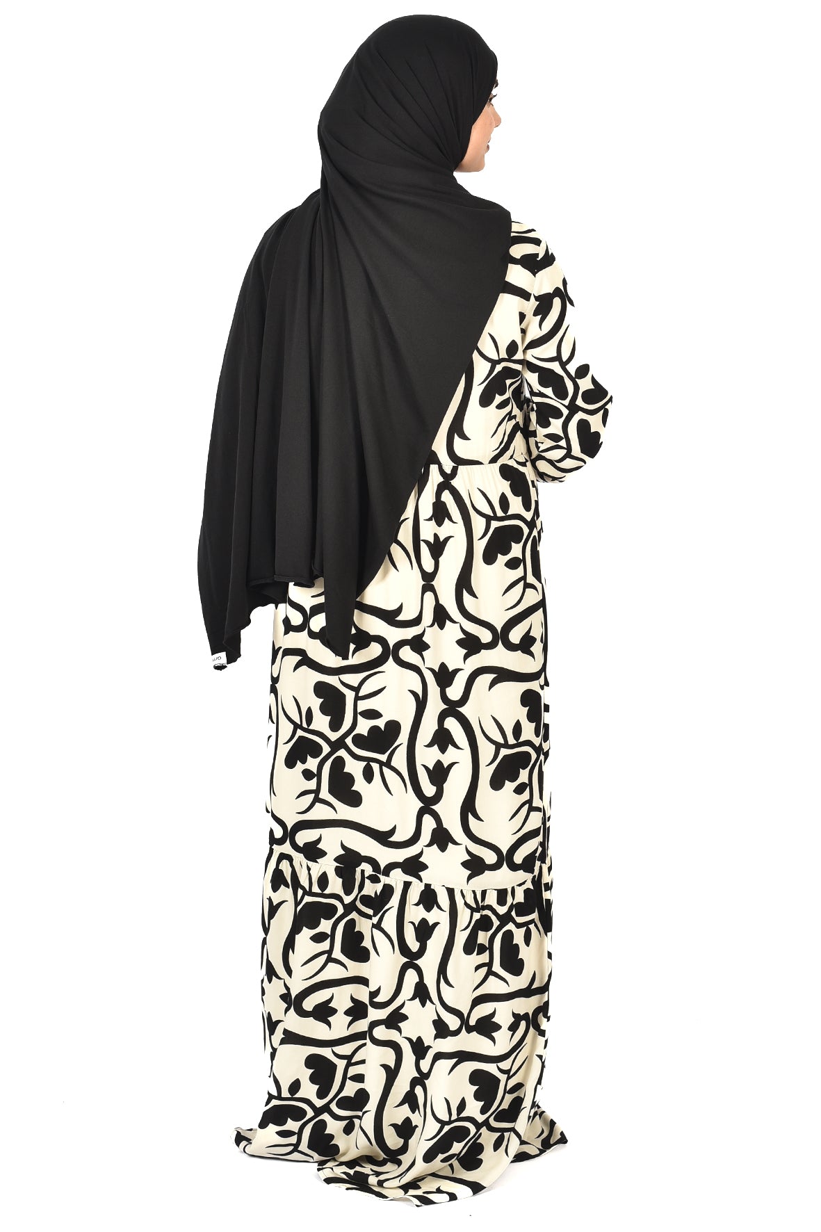White Abaya with Classic Black Pattern ( guz dress )