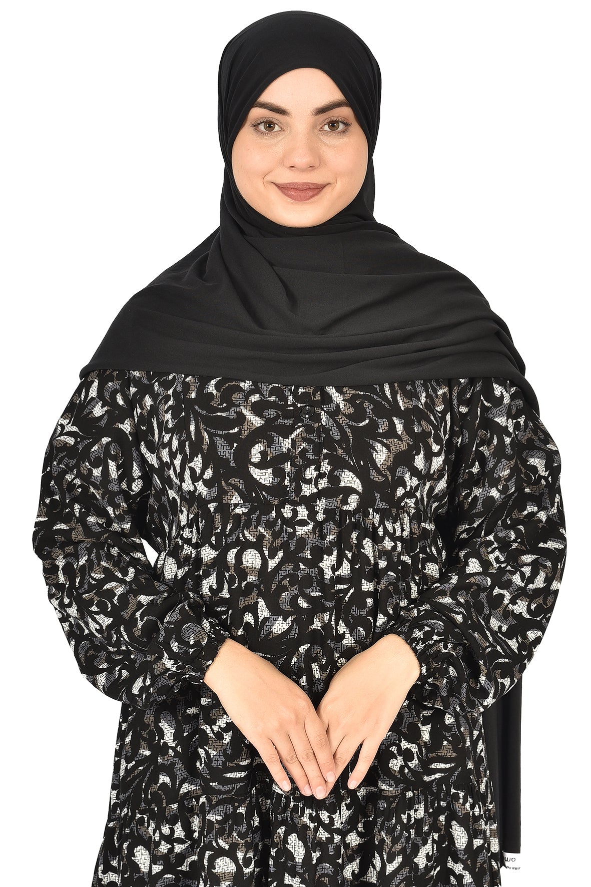 Elegant Black Abaya with Silver Leaf Print – Timeless Grace ( GUZ DRESS )