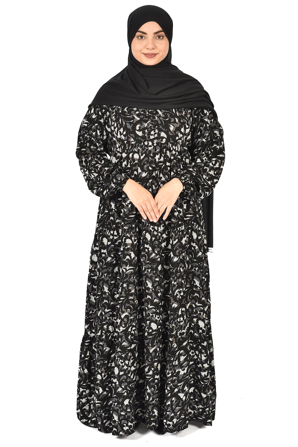 Elegant Black Abaya with Silver Leaf Print – Timeless Grace ( GUZ DRESS )