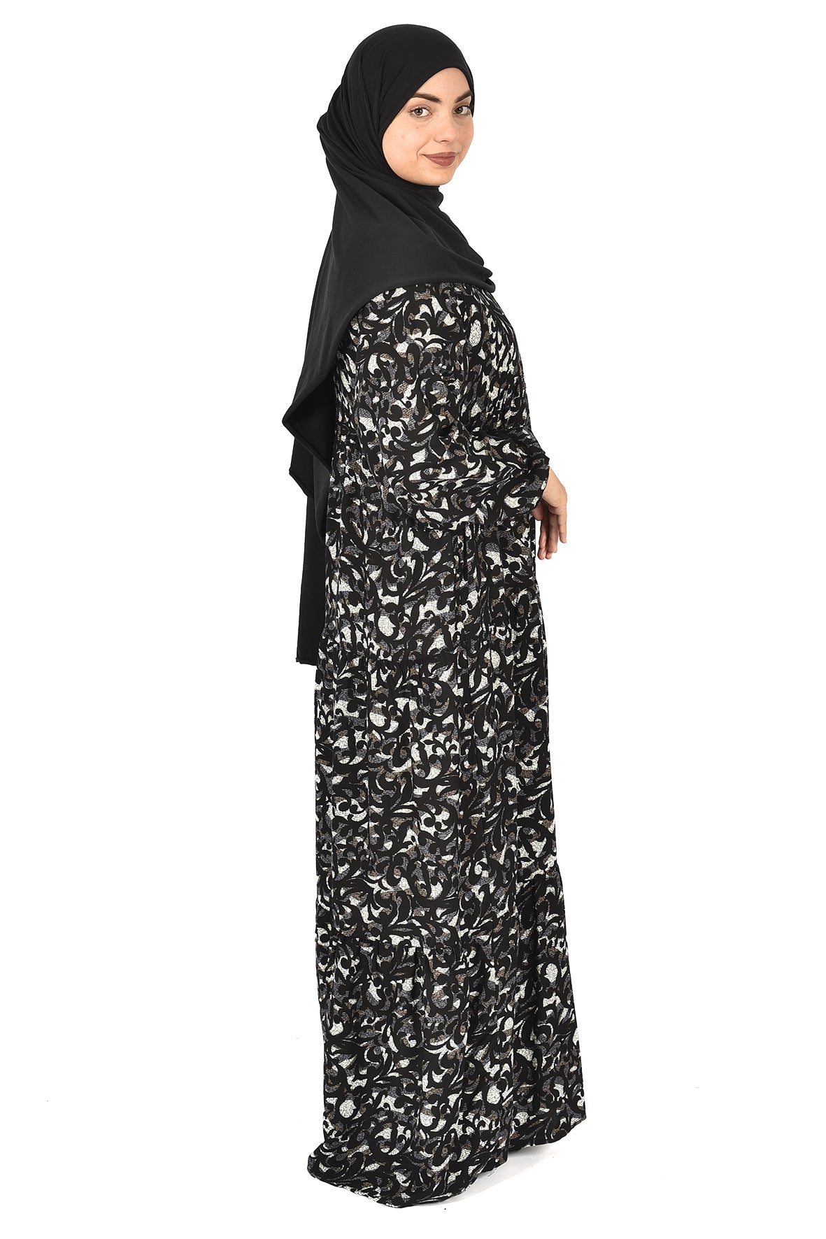 Elegant Black Abaya with Silver Leaf Print – Timeless Grace ( GUZ DRESS )