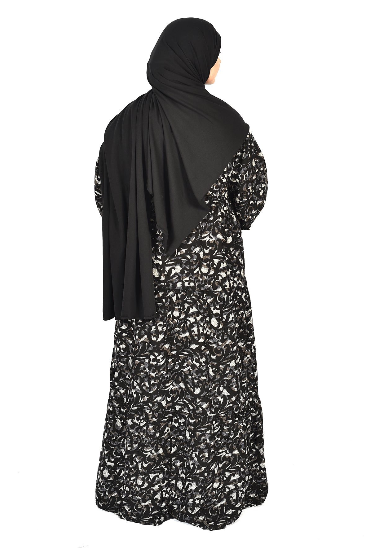 Elegant Black Abaya with Silver Leaf Print – Timeless Grace ( GUZ DRESS )