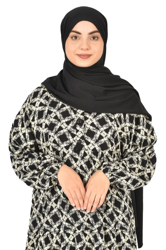 Elegant Women’s Abaya with Black and White Geometric Print ( guz dress )