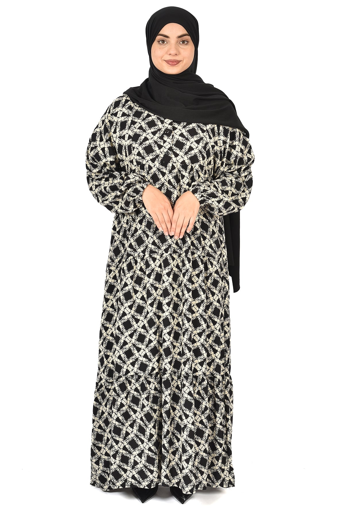 Elegant Women’s Abaya with Black and White Geometric Print ( guz dress )