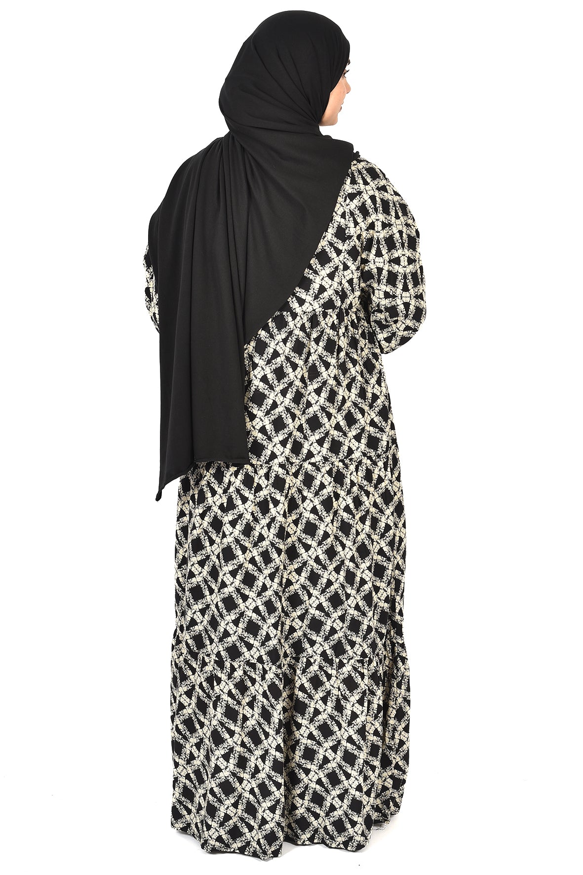 Elegant Women’s Abaya with Black and White Geometric Print ( guz dress )