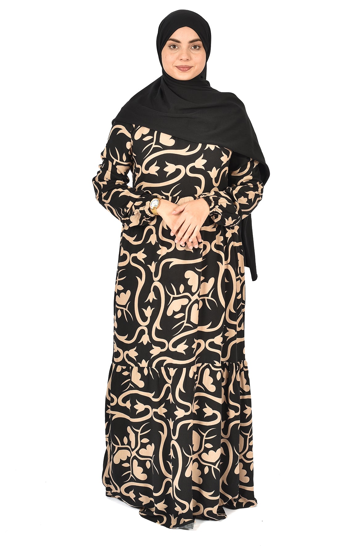 Floral Pattern Abaya – Elegant Femininity in Beige & Black ( guz dress )
