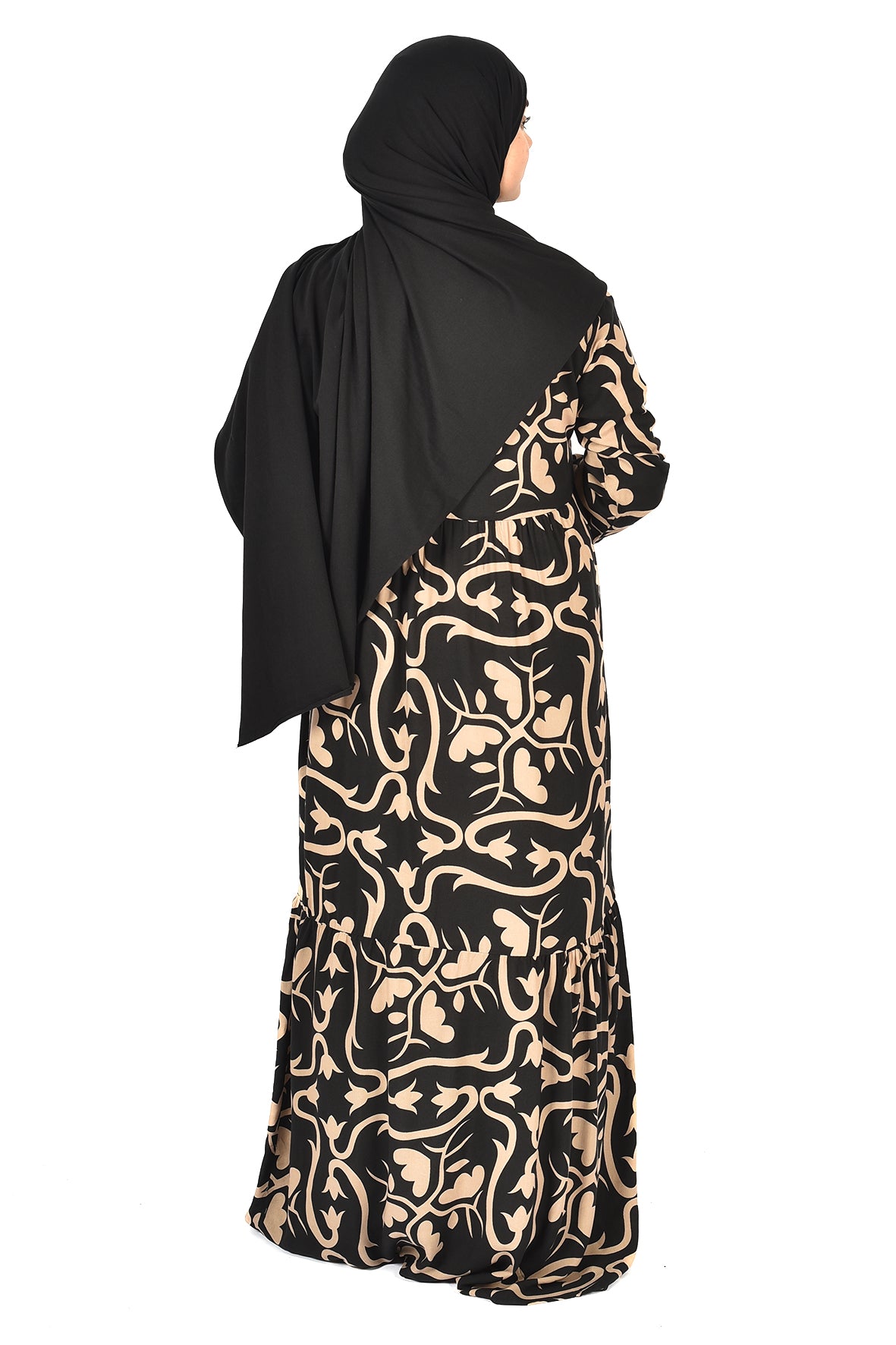 Floral Pattern Abaya – Elegant Femininity in Beige & Black ( guz dress )