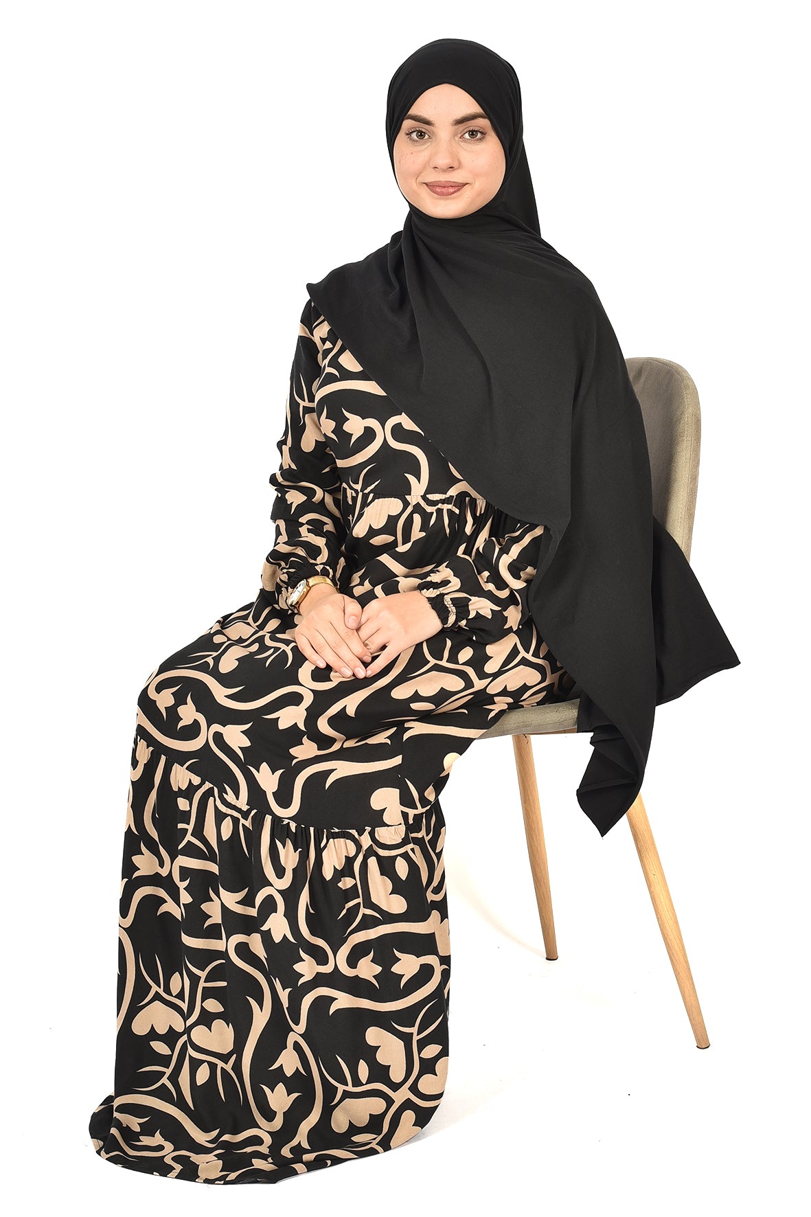 Floral Pattern Abaya – Elegant Femininity in Beige & Black ( guz dress )