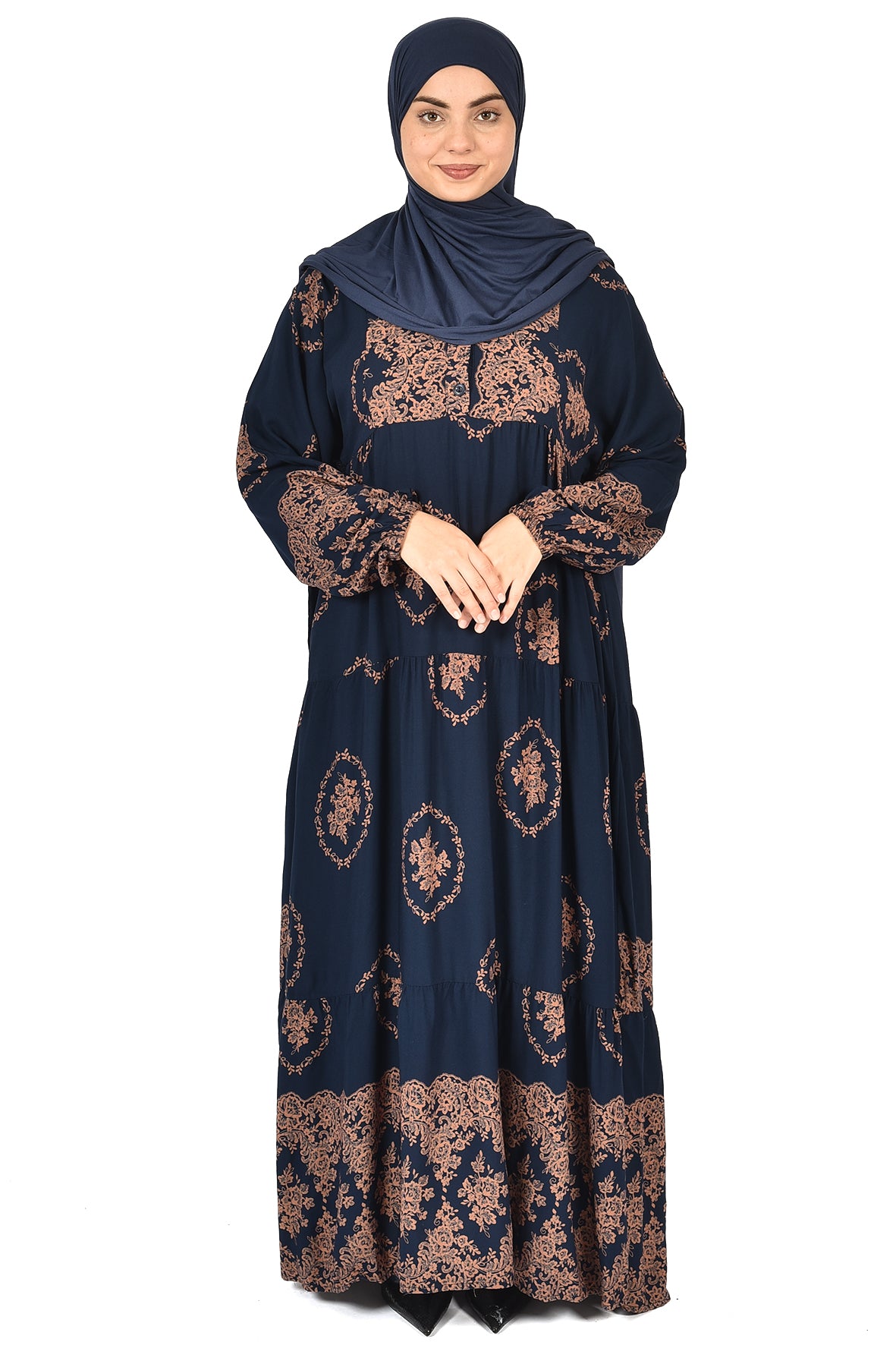 Royal Navy Abaya with Traditional Golden Print( guz dress )