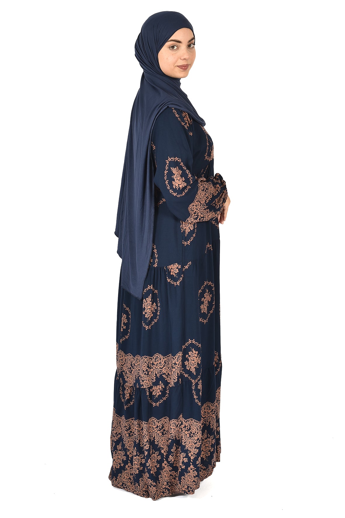 Royal Navy Abaya with Traditional Golden Print( guz dress )