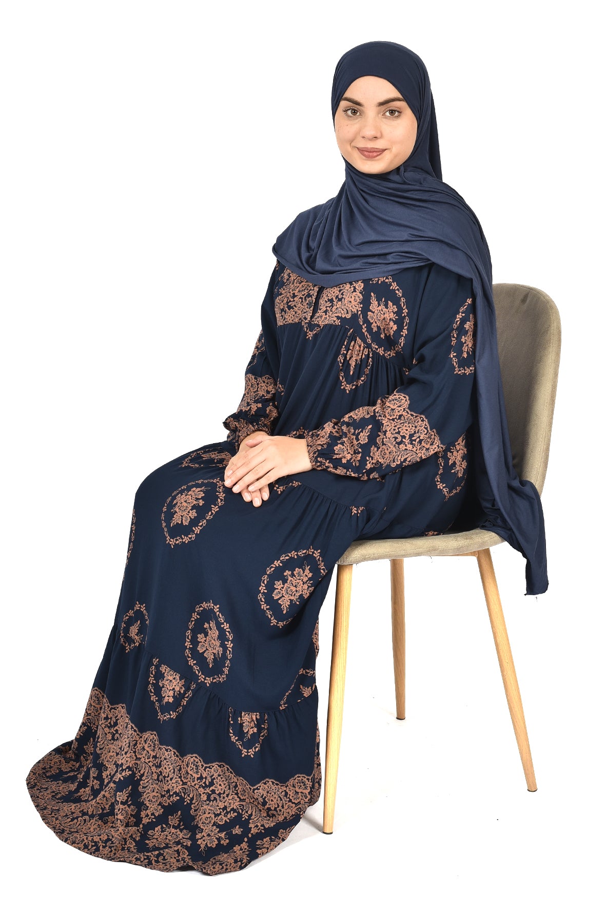 Royal Navy Abaya with Traditional Golden Print( guz dress )