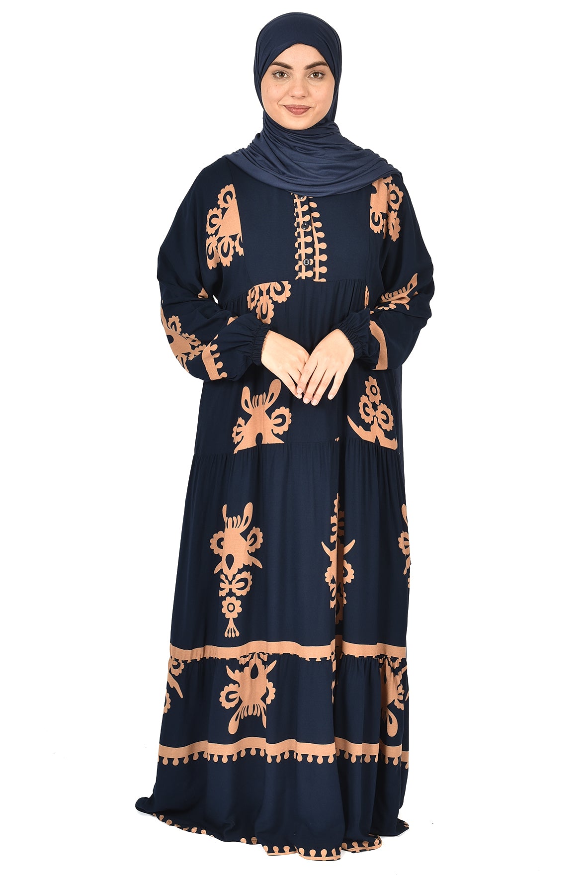 Navy Abaya with Bold Orange Folk-Inspired Embroidery ( guz dress )