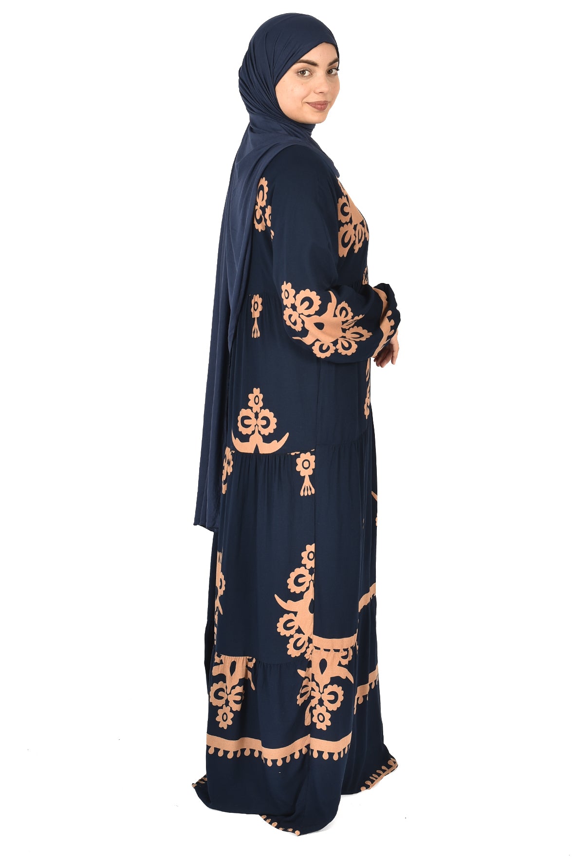 Navy Abaya with Bold Orange Folk-Inspired Embroidery ( guz dress )