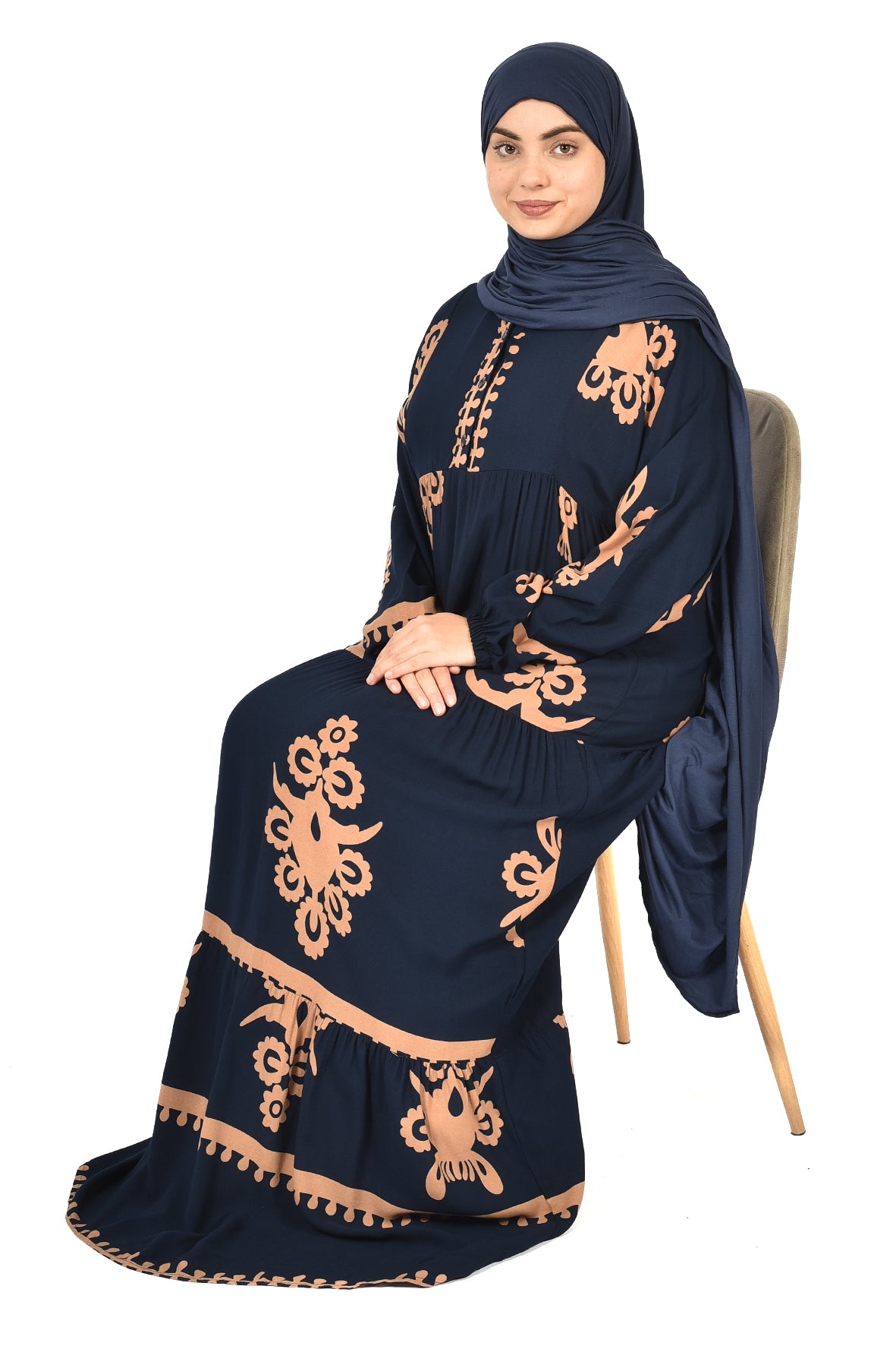 Navy Abaya with Bold Orange Folk-Inspired Embroidery ( guz dress )