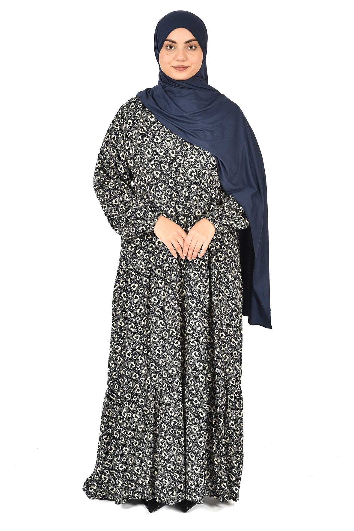 Black & White Floral Microprint Abaya – Elegance in the Details( guz dress )