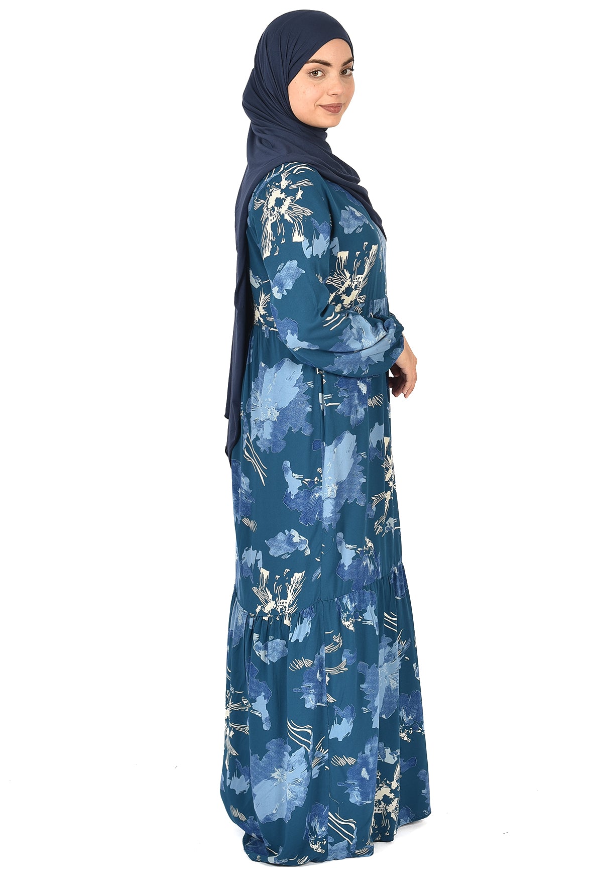 Floral Turquoise Abaya with Blue Accents – Soft Elegance for Daily Wear (guz dress )
