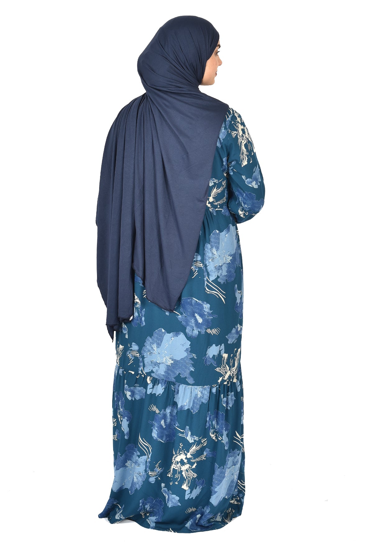 Floral Turquoise Abaya with Blue Accents – Soft Elegance for Daily Wear (guz dress )